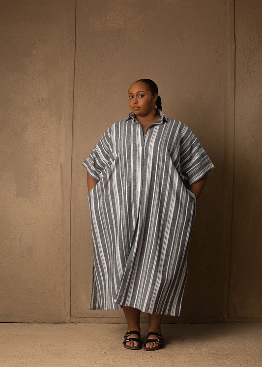 Easy Linen Grey Strip Shirt Dress
