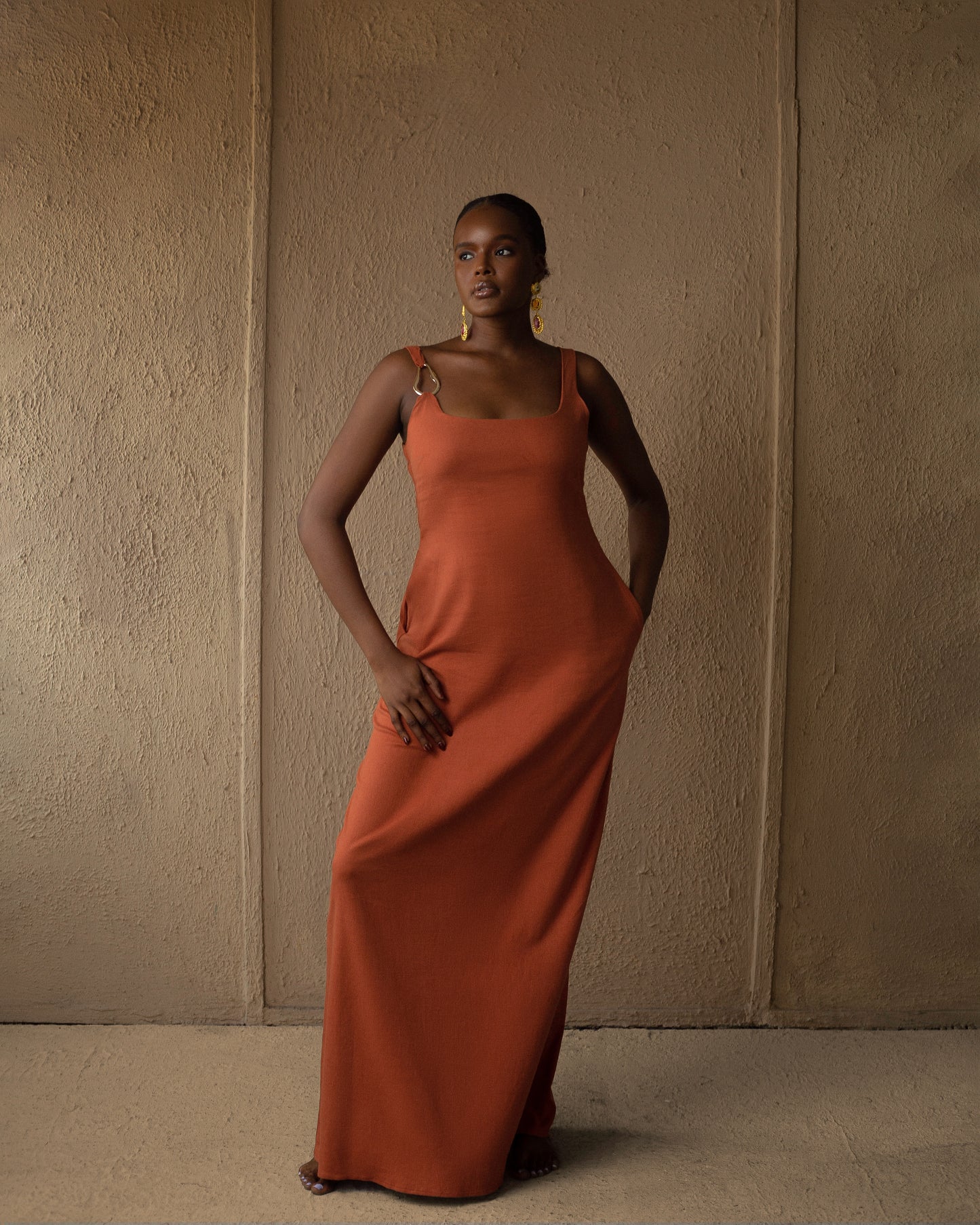 Burnt Orange Gold detail linen maxi dress