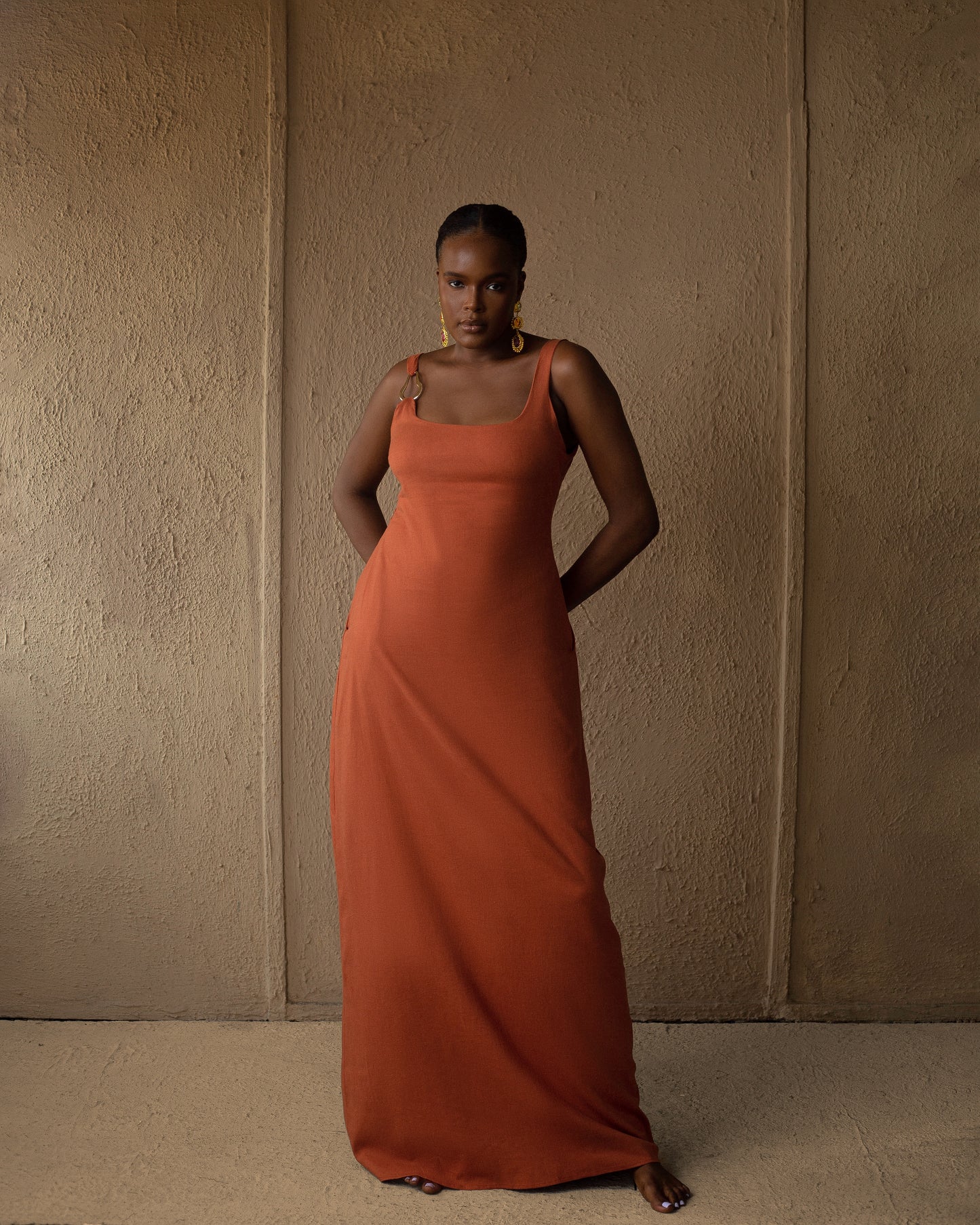 Burnt Orange Gold detail linen maxi dress