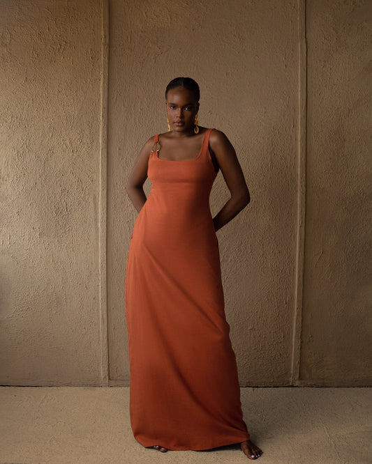 Burnt Orange Gold detail linen maxi dress