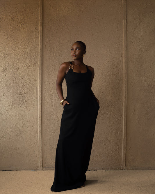 Black Gold detail linen maxi dress