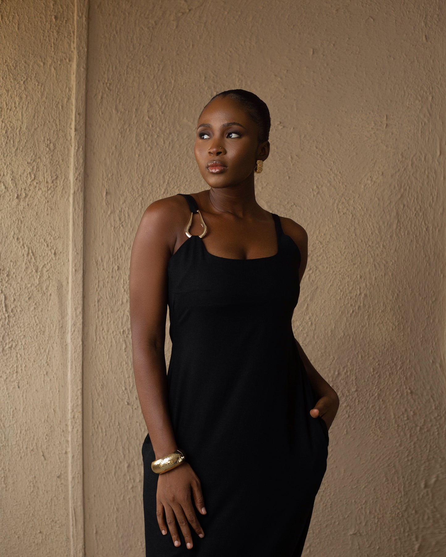Black Gold detail linen maxi dress