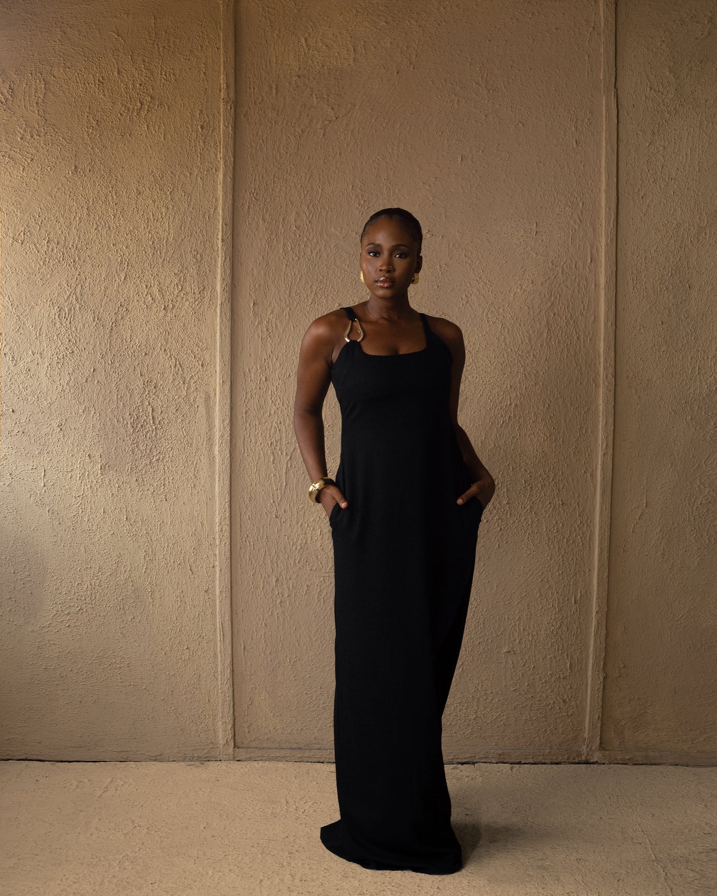 Black Gold detail linen maxi dress