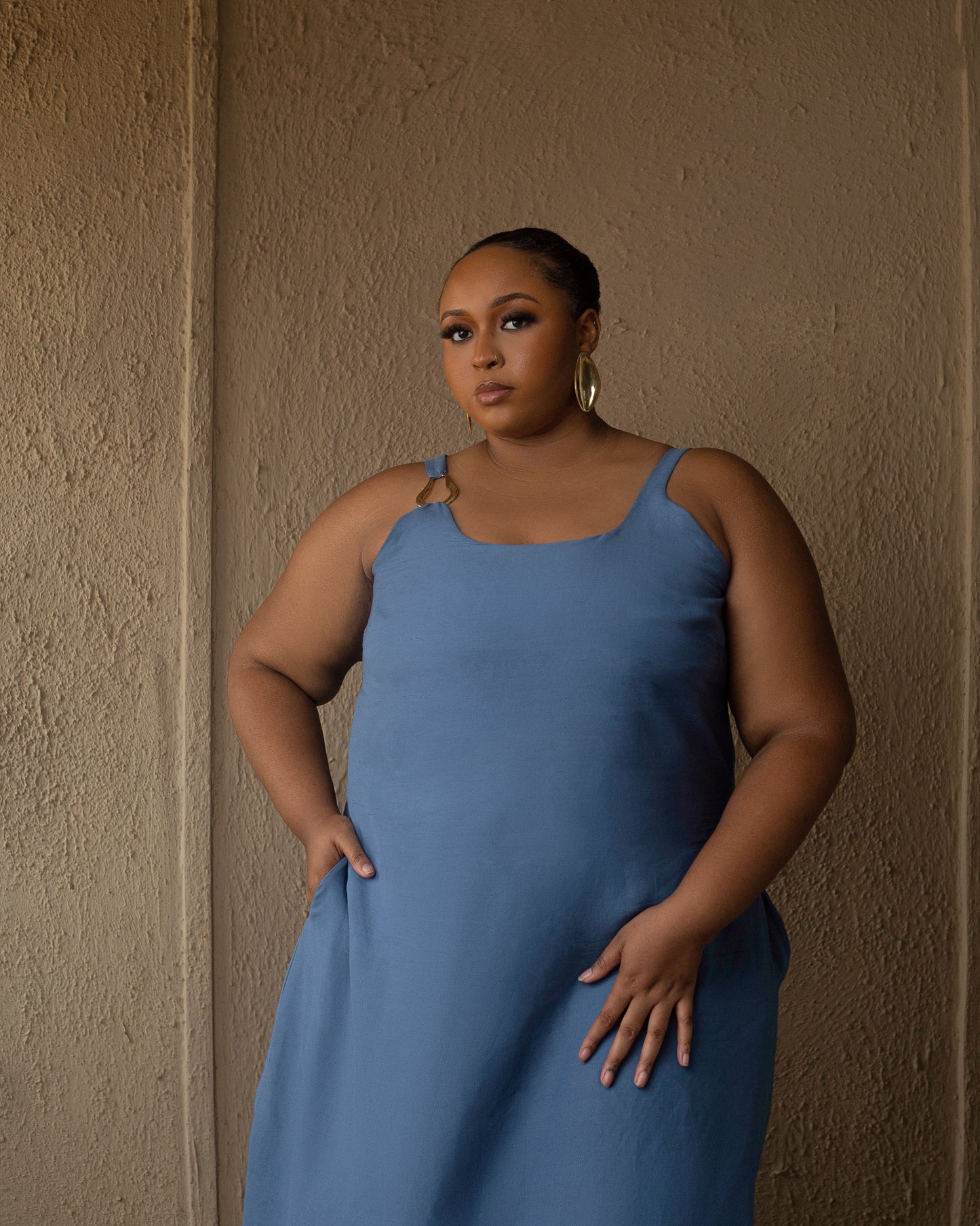 Blue Gold detail linen maxi dress